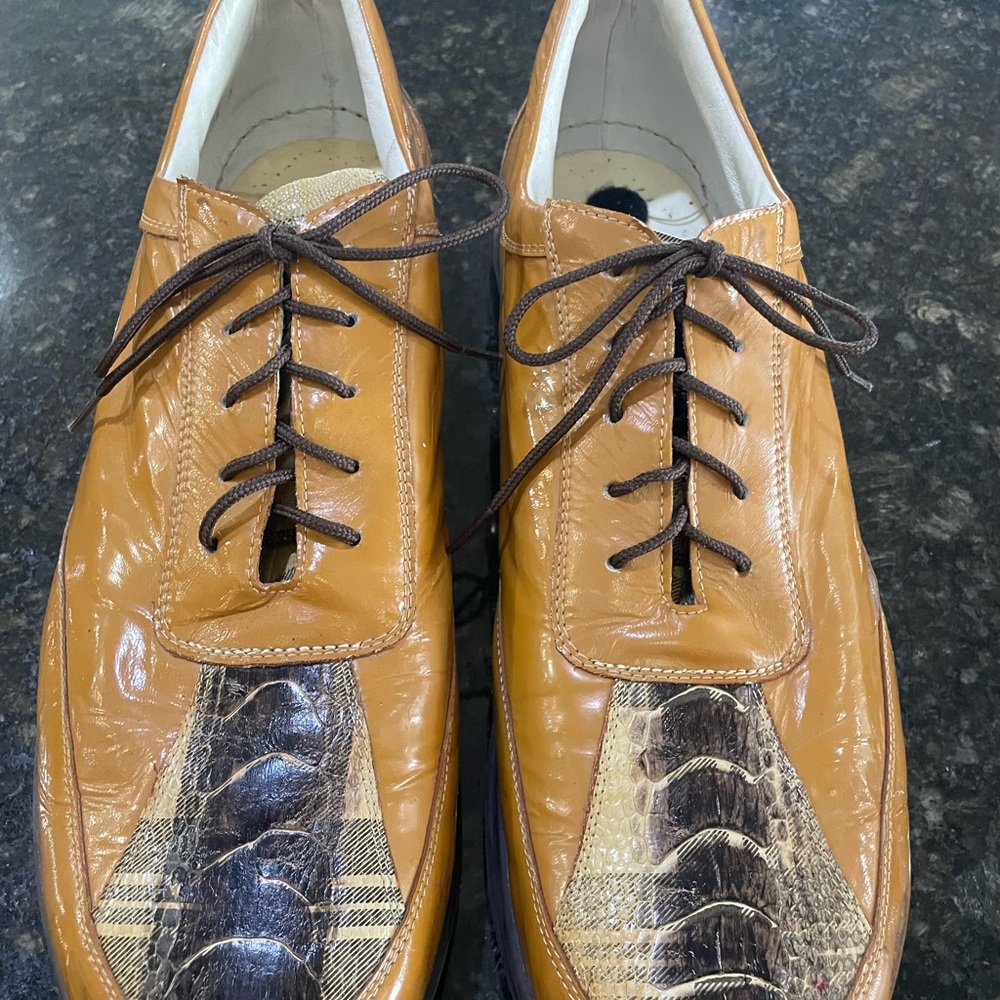 Mauri Two-Tone Tan Leather Oxfords with Dark Plaid Accent